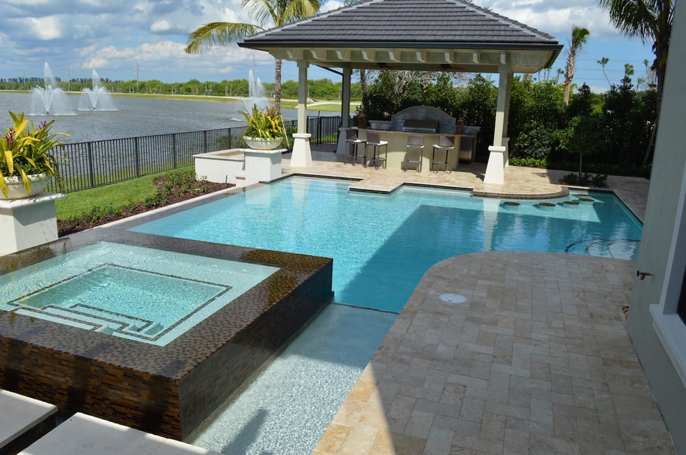 Geometric pool with spa and water feature