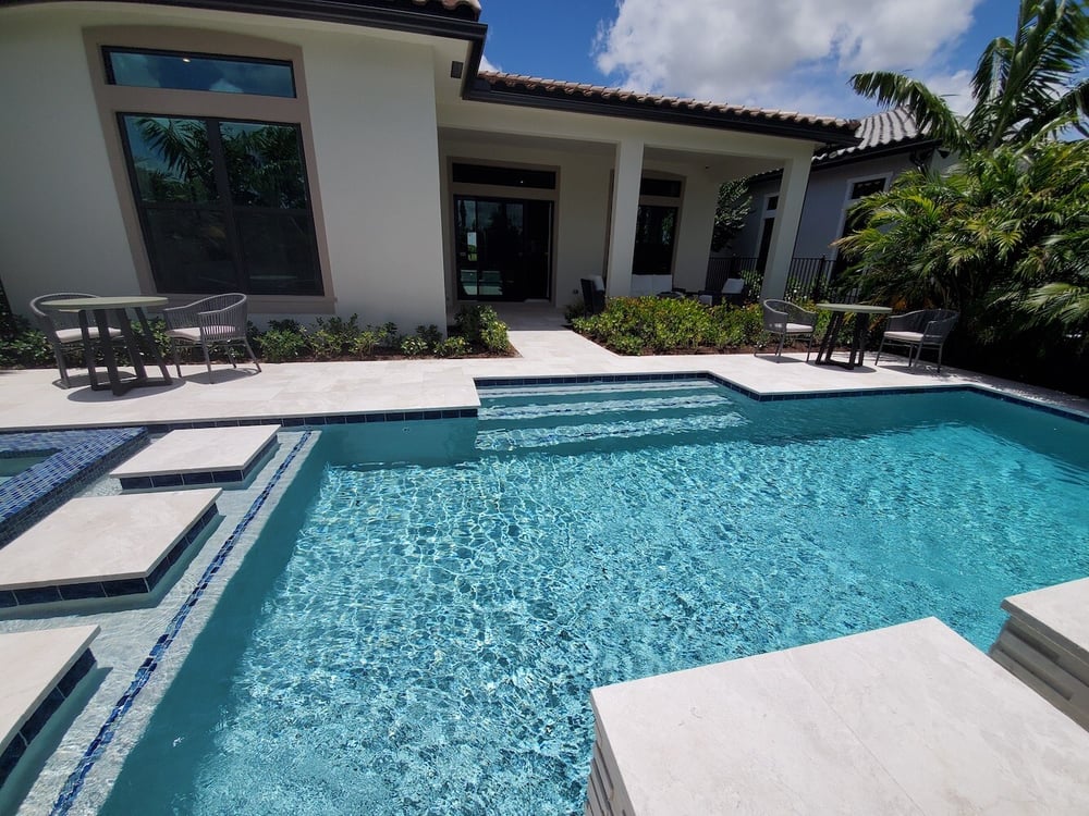 Model home backyard pool and outdoor living area
