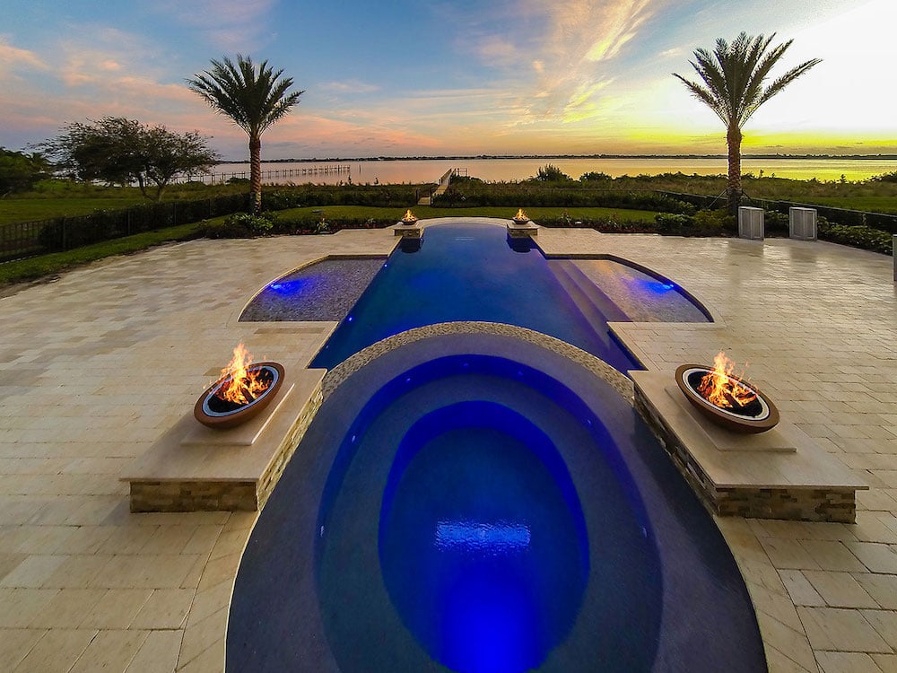 Pool and spa glowing at twilight