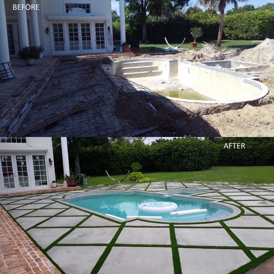 Pool rebuild by Fountain Blue Pools, before and after